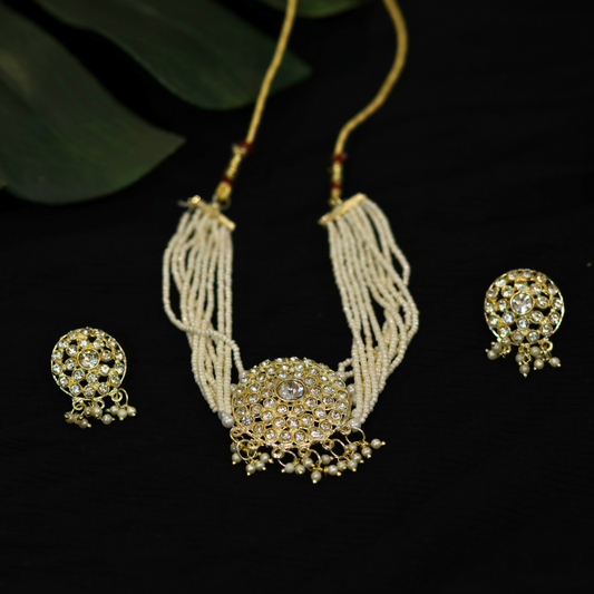 Indinica - Kundan Polki Choker Set with pearl strings and matching earings